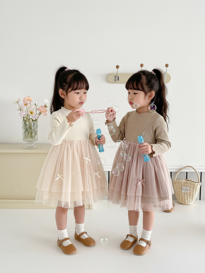 螺紋拼接蝴蝶結紗裙洋裝(90-130)