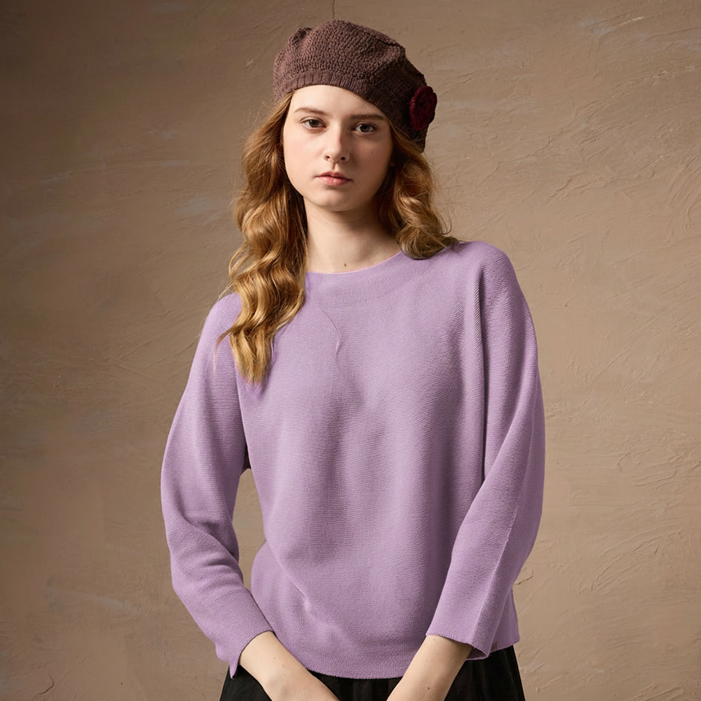 PIPPY 典雅素面簡約剪裁線衫長袖上衣 粉紫