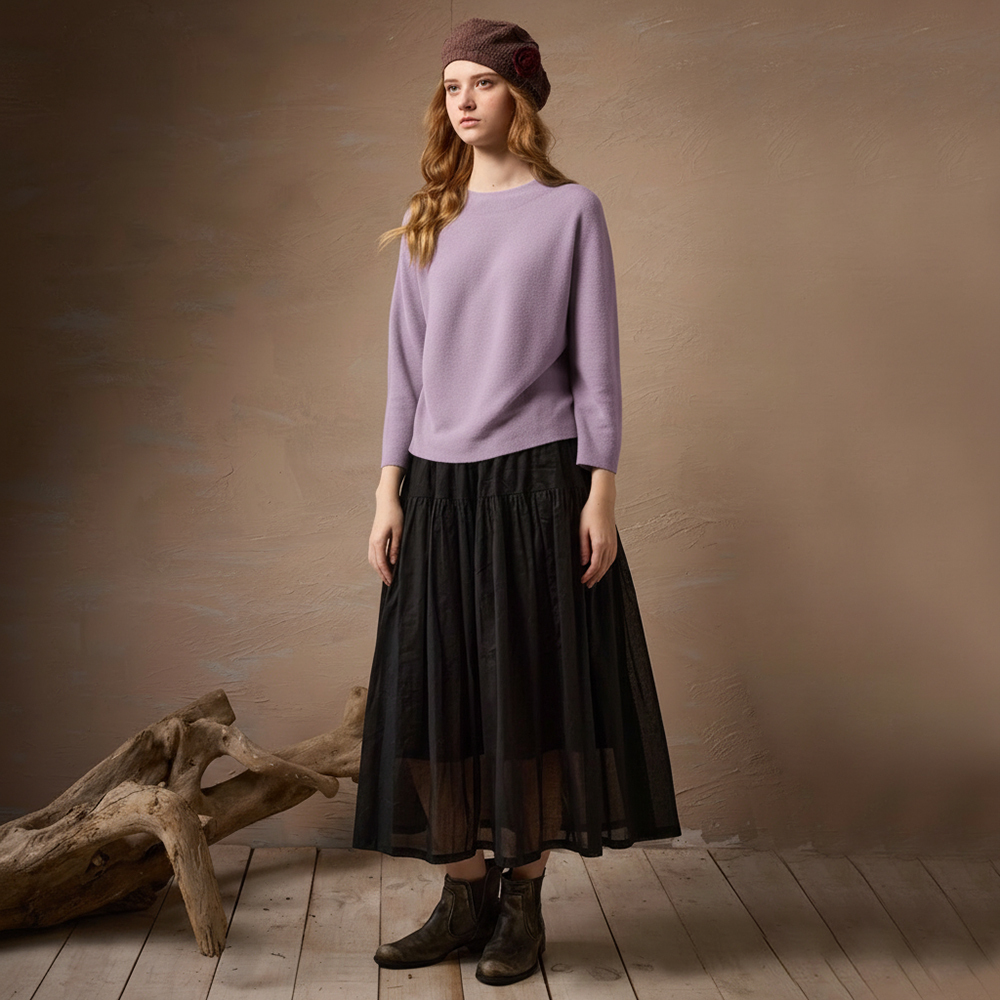 PIPPY 典雅素面簡約剪裁線衫長袖上衣 粉紫