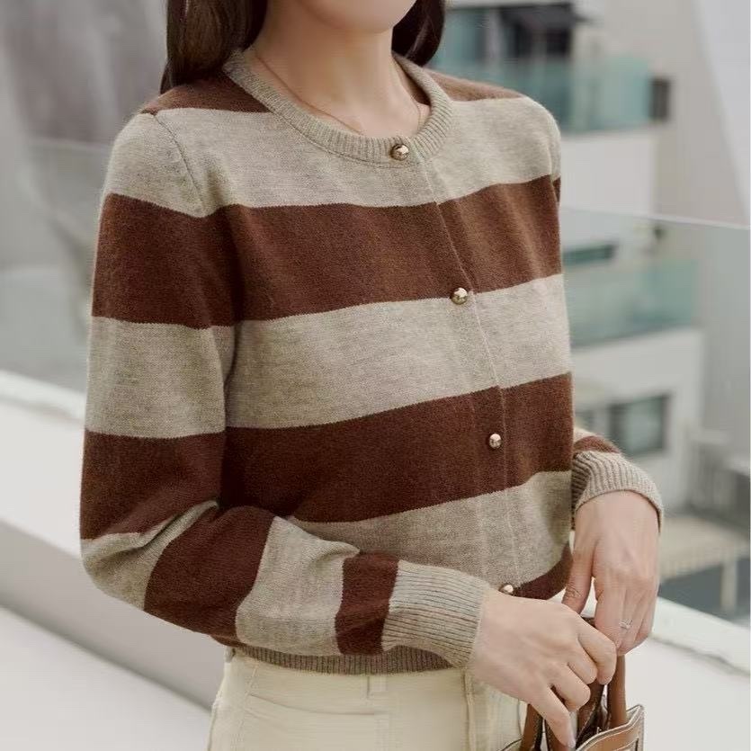 684 氣質寬版條紋圓領針織開衫