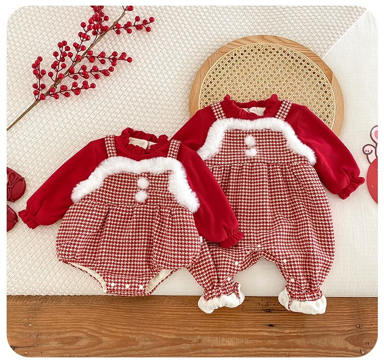 [陸製]過年服｜加厚紅色格子手足款