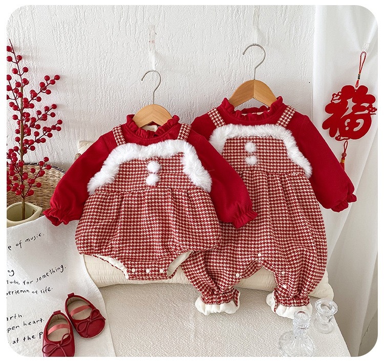 [陸製]過年服｜加厚紅色格子手足款