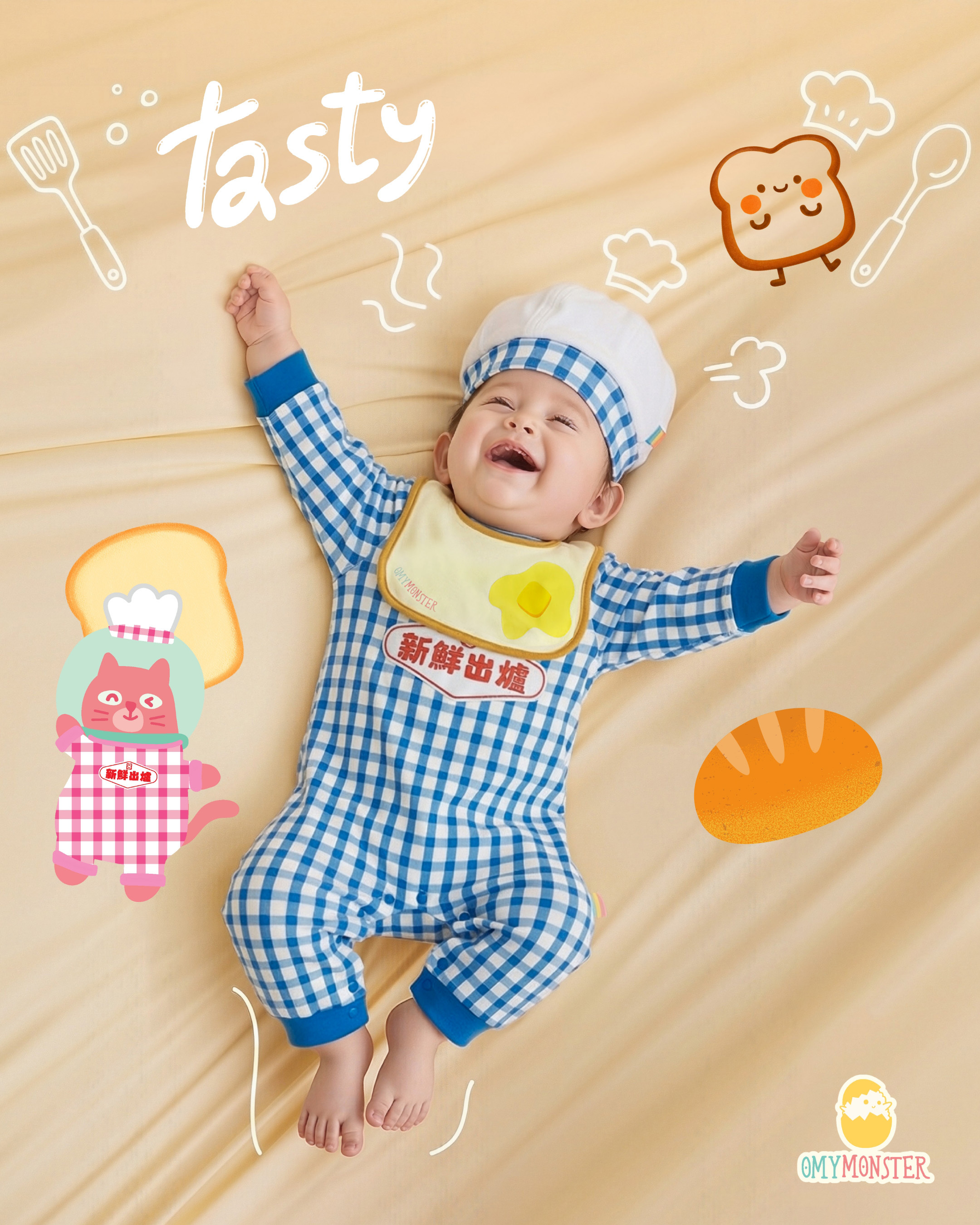 藍色麵包師傅長袖連身衣連帽（有邊卡通版口水肩）