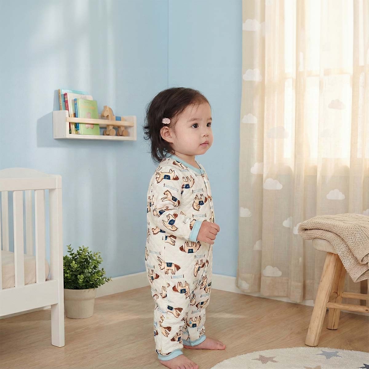 天藍千里馬寶寶撞色長袖夾棉連身衣