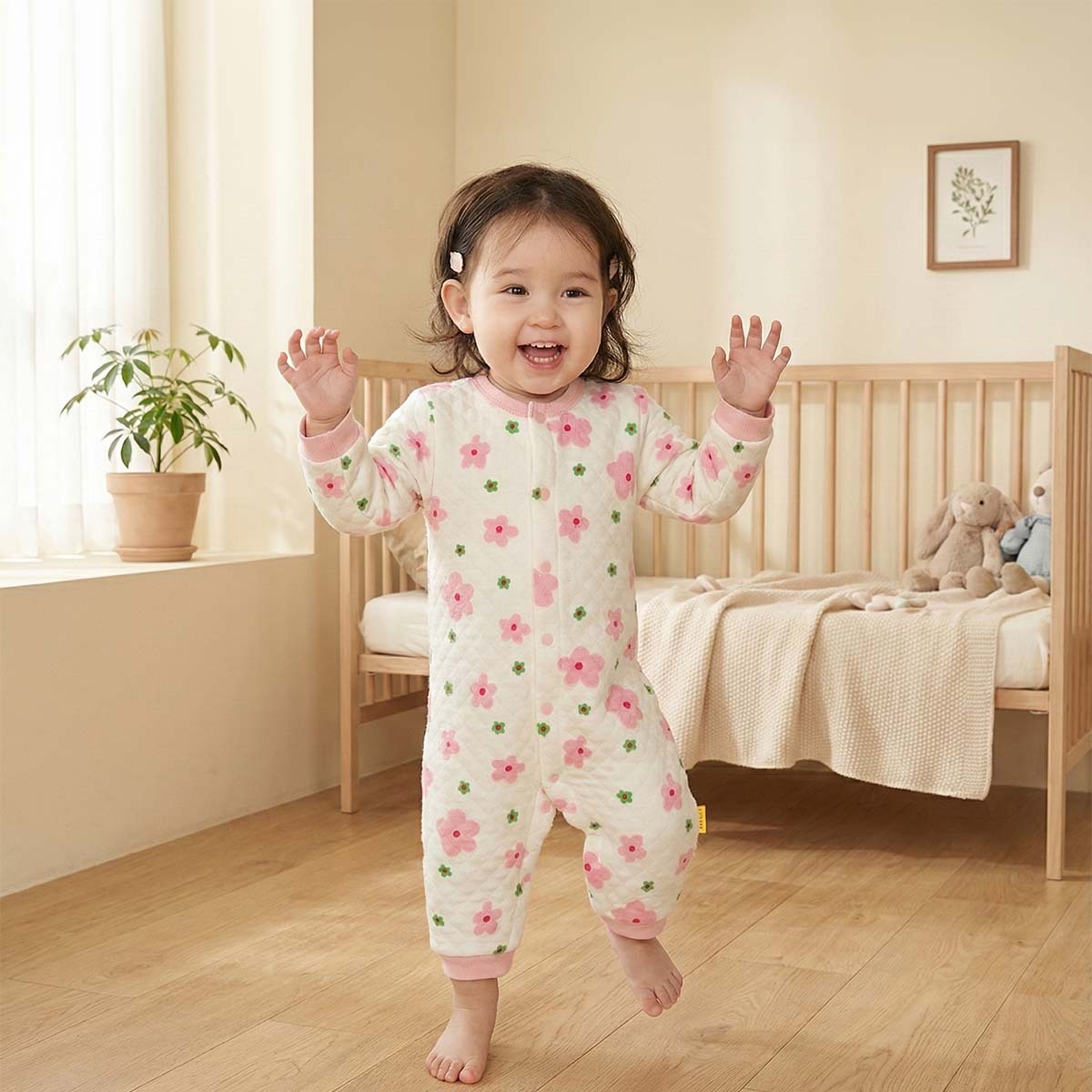 恬靜粉櫻花寶寶撞色長袖夾棉連身衣