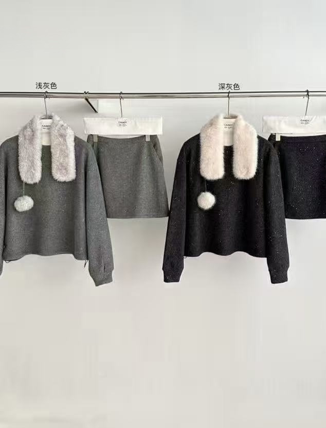 3687 細閃氛圍感附毛毛領套裝