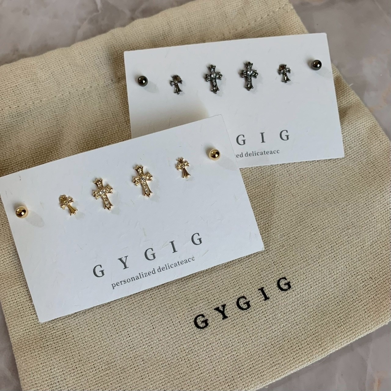 Gy”Unique黑金鑽十字架6件組高cp值耳釘