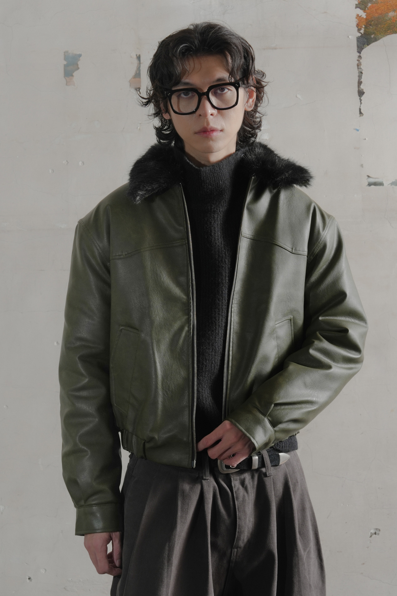 Real Raccoon Fur Collar Leather Jacket #外套