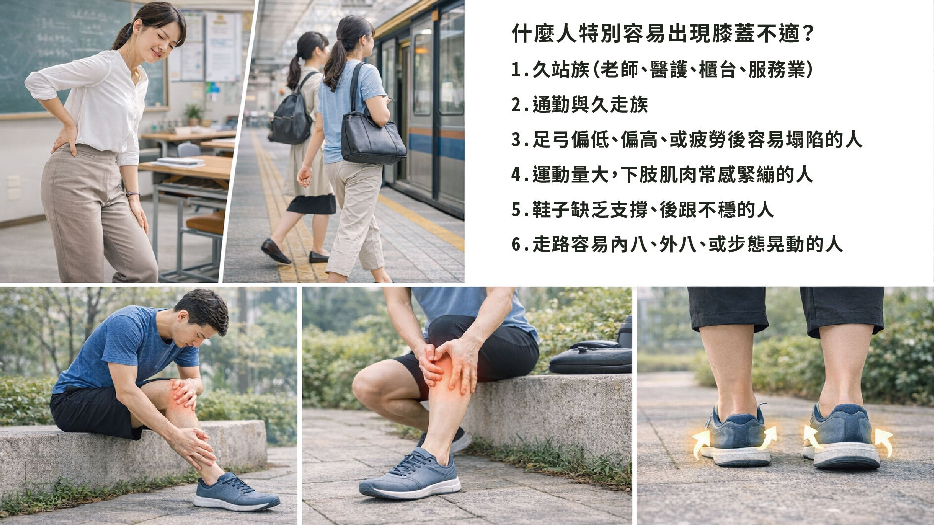 從鞋底磨損與站姿觀察膝蓋與足底受力情況