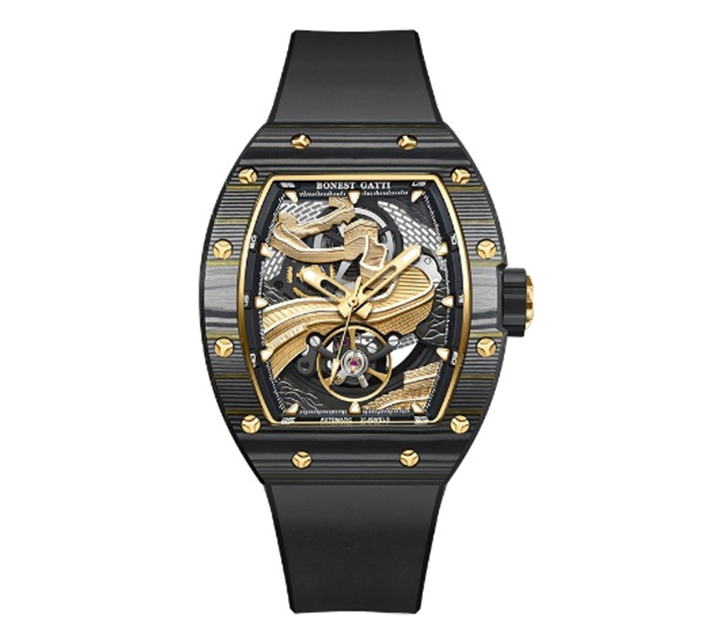 【Bonest Gatti 布加迪】攀登之路系列 BG9002 酒桶款 雙面鏤空 夜光 3D立體登山者錶盤 20顆寶石軸承 碳纖維錶圈 機械錶