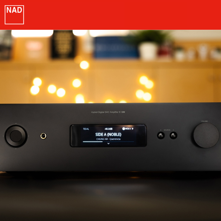 NAD C399 Hybrid Digital DAC Amplifier beauty shot front closeup