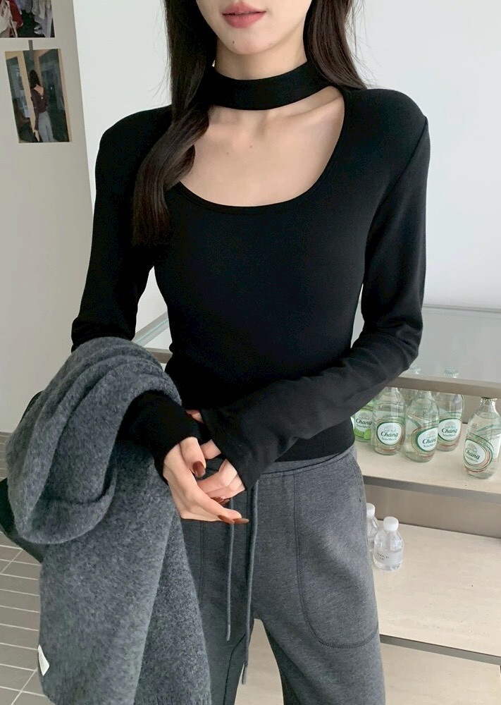 鎖骨簍空掛脖磨毛棉質上衣