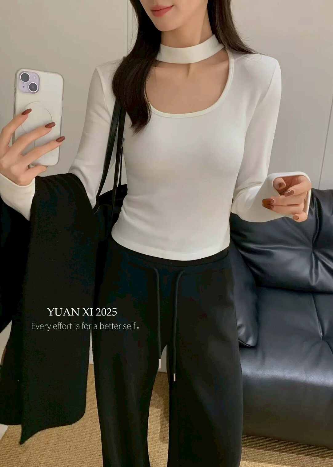 鎖骨簍空掛脖磨毛棉質上衣