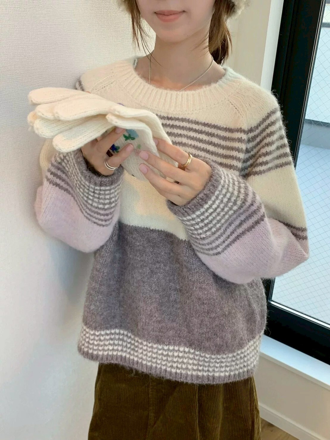 袖拼色細條針織毛衣