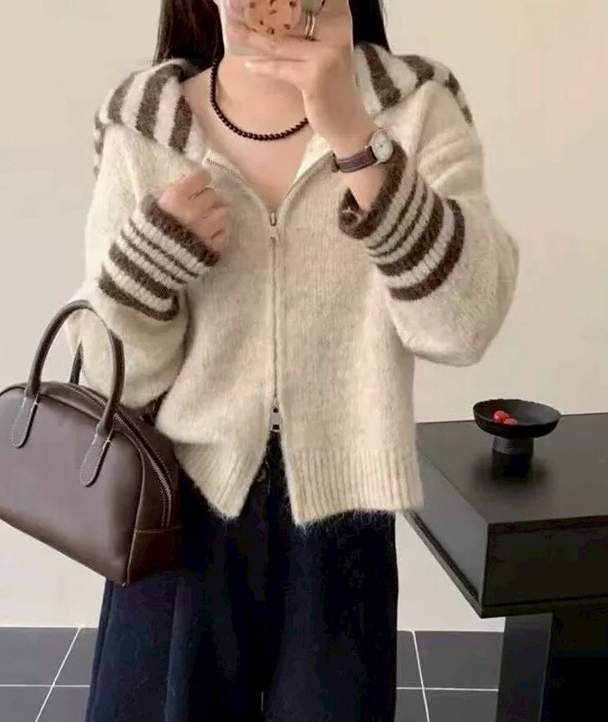 水手條紋領雙拉鍊針織衣