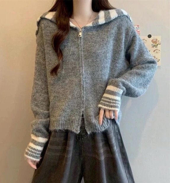 水手條紋領雙拉鍊針織衣