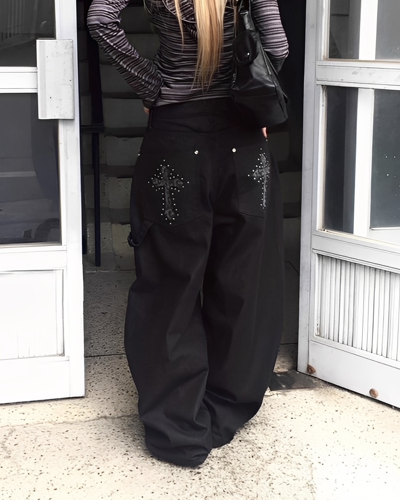 復古 鉚釘 十字架 豹紋 貼布 直筒 牛仔 寬褲