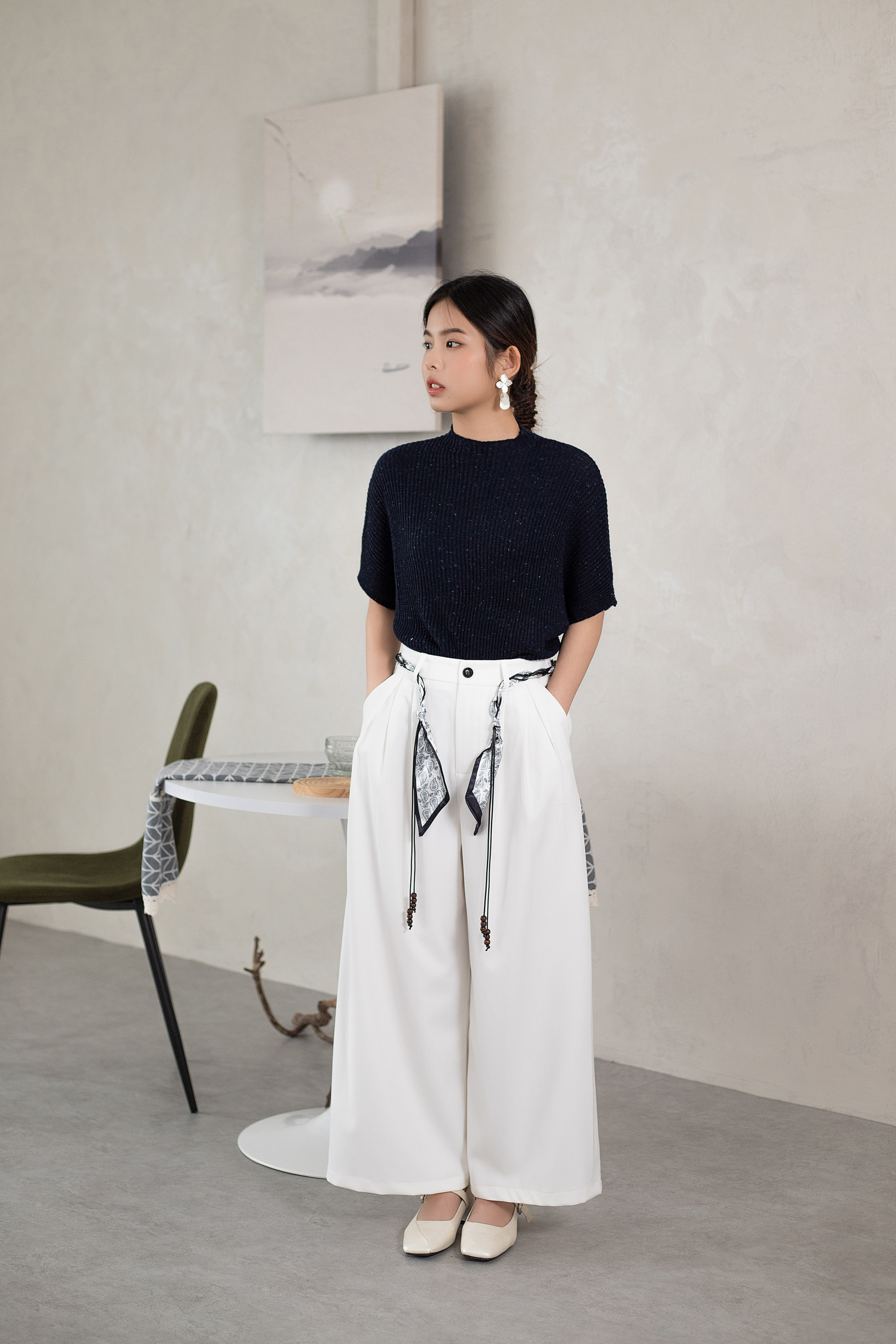 Charise Pleated Straight Leg Pants White -2622PLWHI