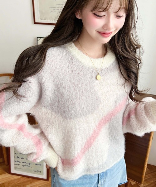 日本🇯🇵連線 Moment+ 溫柔波浪線條圖案提花針織套頭衫 提花 線條 針織 針織衫 套頭衫 長袖 3色(任買兩件7-11免運)/預購