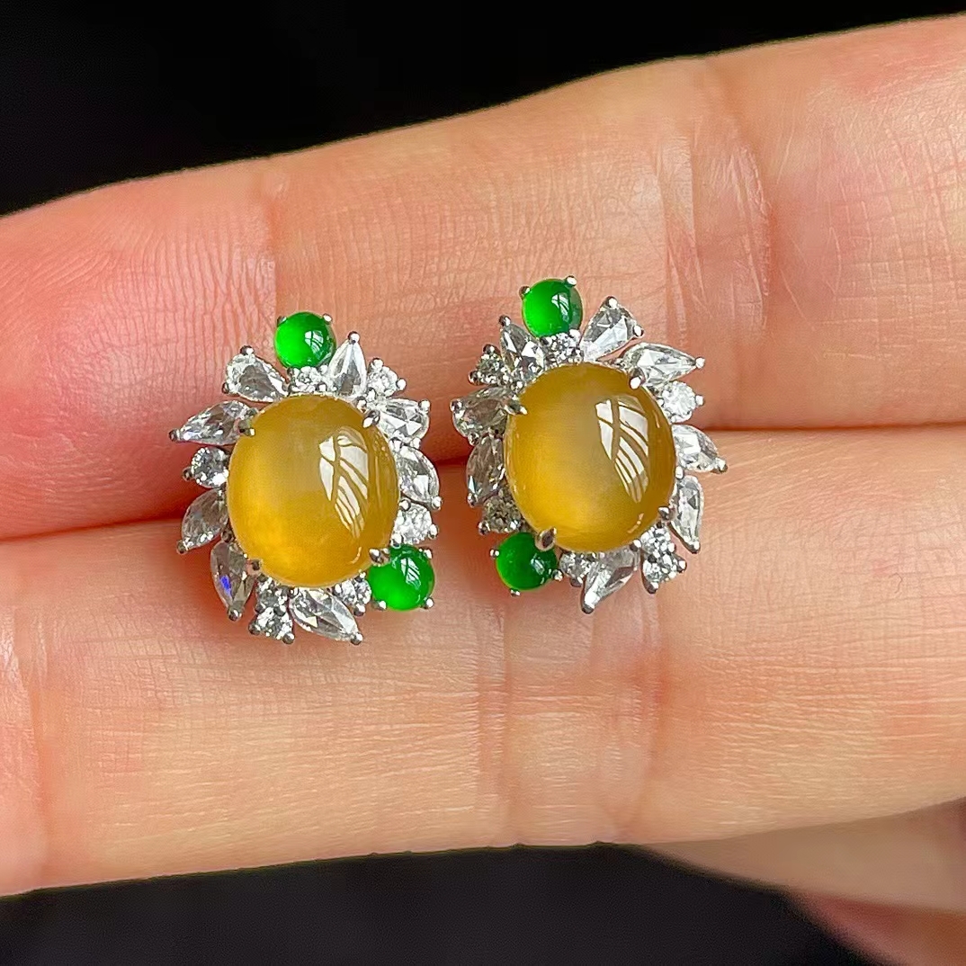 翡翠冰種黃耳釘,天然翡翠A玉, 緬甸玉, Jade, Jadeite