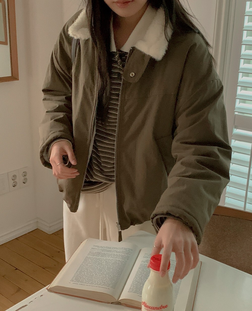 韓國grace muse授權 日系工裝風雙面拼接毛絨立領外套