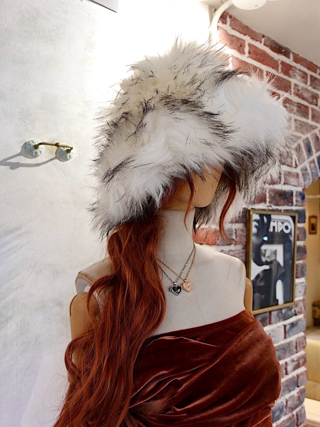 Ivory米白色 Vegan毛毛皮草漁夫毛帽