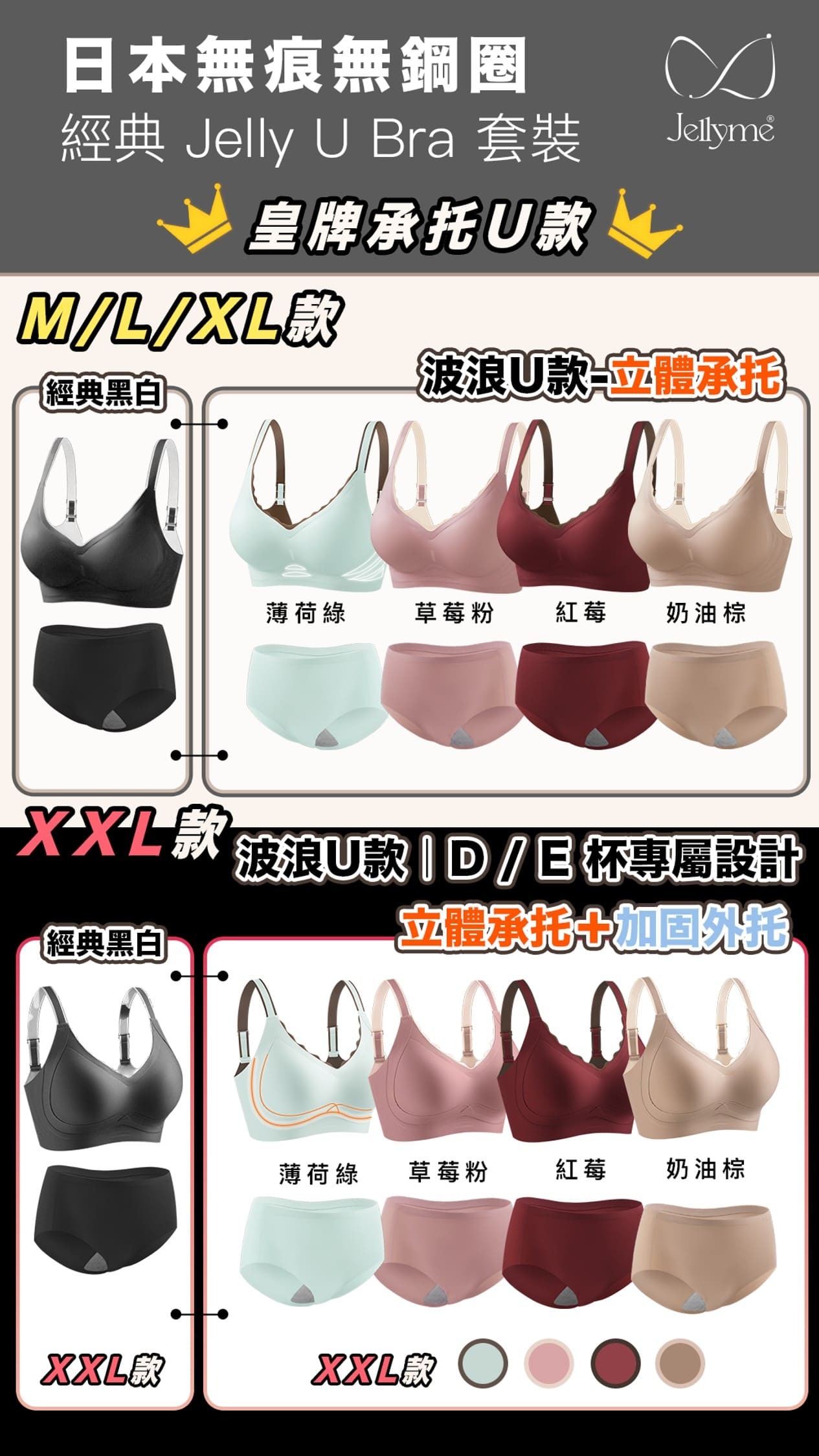 Jelly Bra 經典皇牌承托Jelly U Bra款套裝+內褲套裝(關鍵字:A)