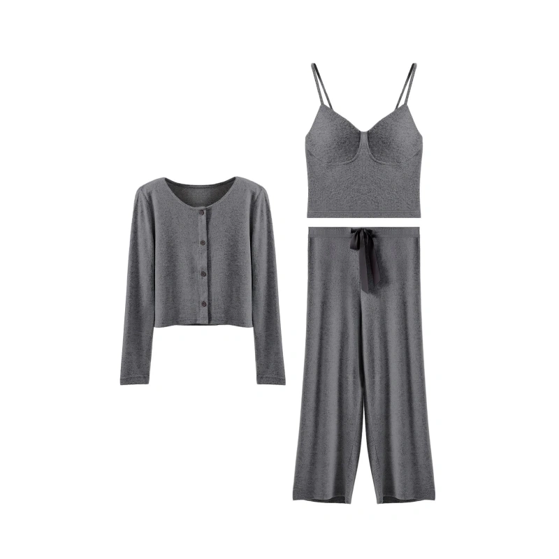 INN-CCG0108-025 【COZY COUTURE】秋冬吊帶長袖開襟三件套休閒家居服 (帶胸墊) Medium Heather 中花灰 (A25) (M-L)