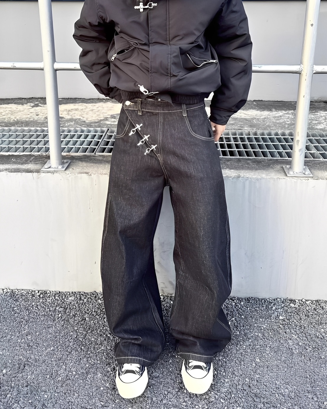 原色 單寧 飛機扣 直筒 牛仔 長褲