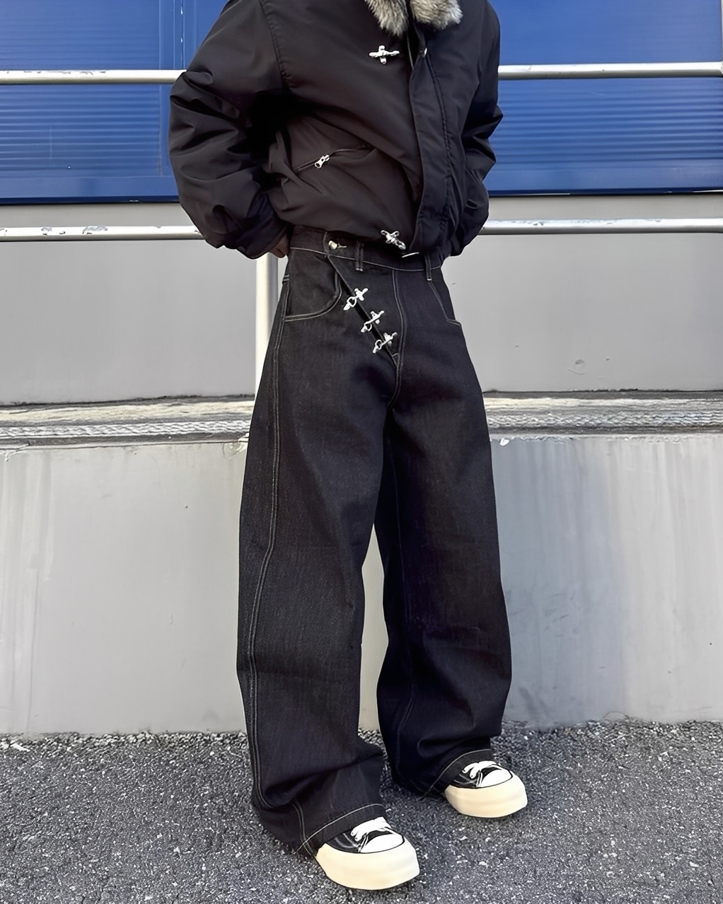 原色 單寧 飛機扣 直筒 牛仔 長褲