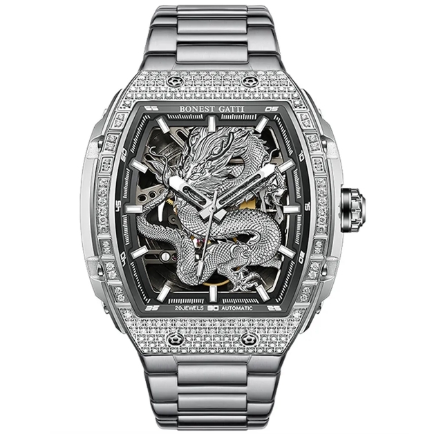 (預購)【Bonest Gatti 布加迪】騰龍魅影系列 BG5605 酒桶 晶鑽 動能儲存 鏤空 夜光 機械錶