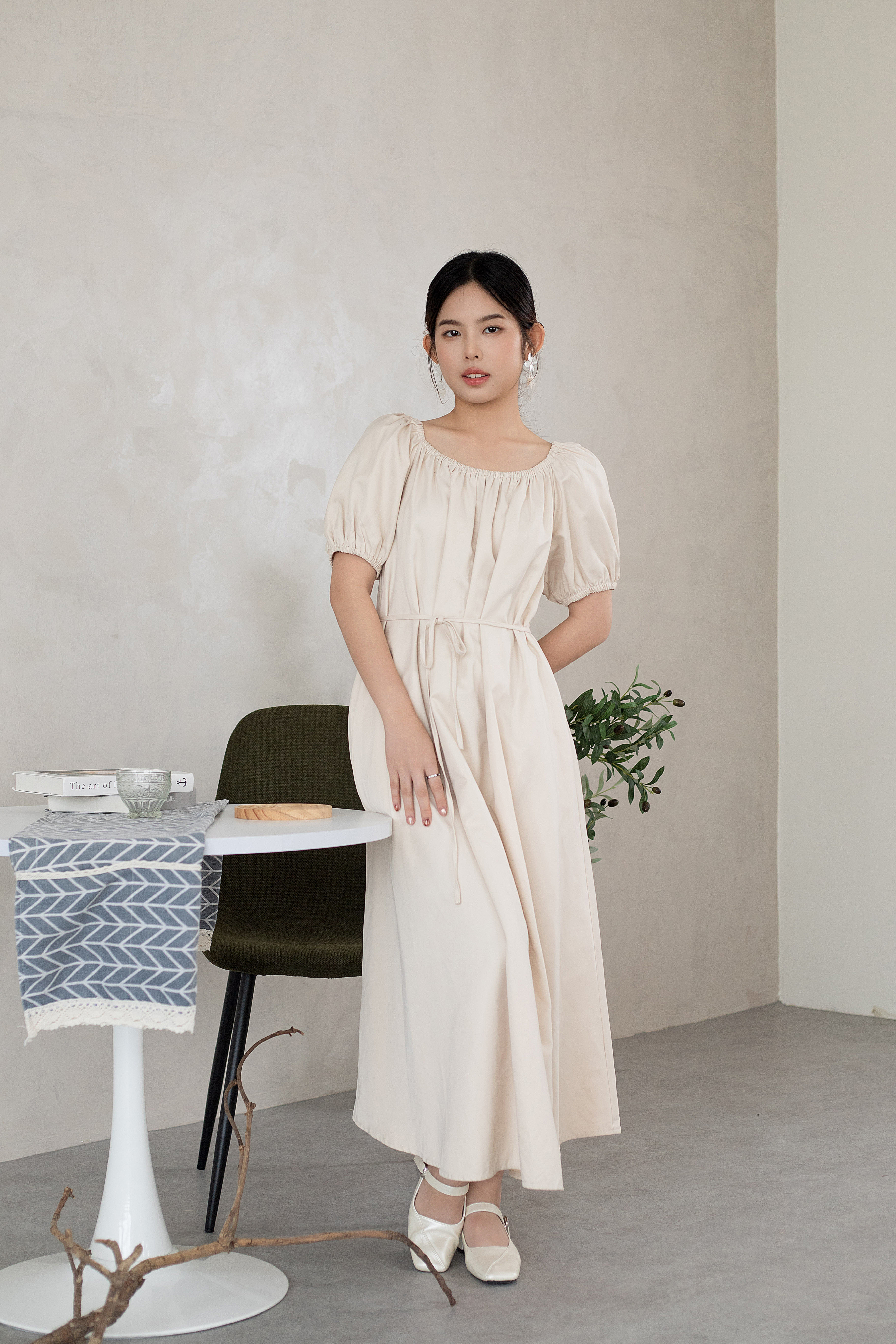 Verda Gathered Tent Dress Beige -2624DLBEI