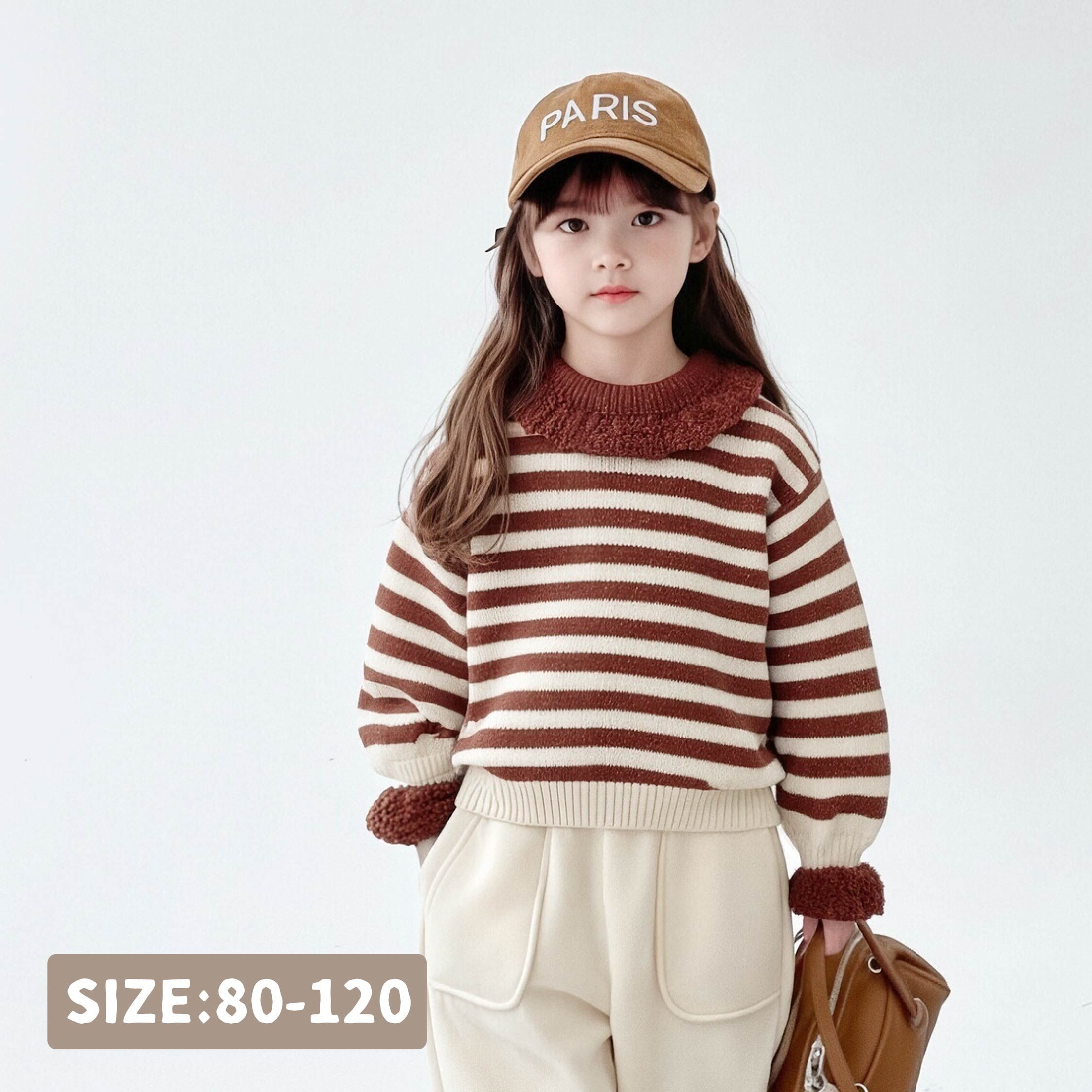 【H55735】氣質花邊翻領條紋針織上衣