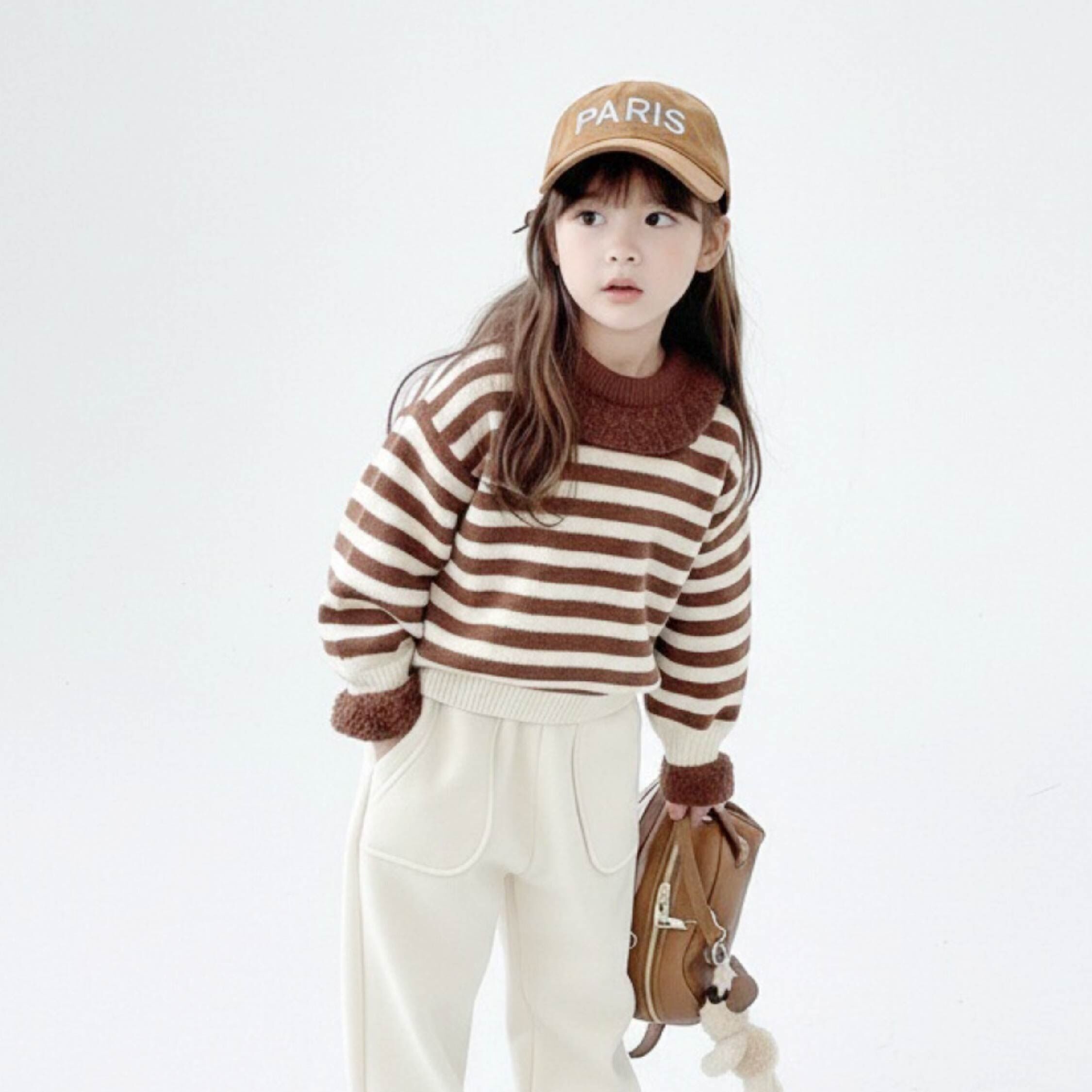 【H55735】氣質花邊翻領條紋針織上衣