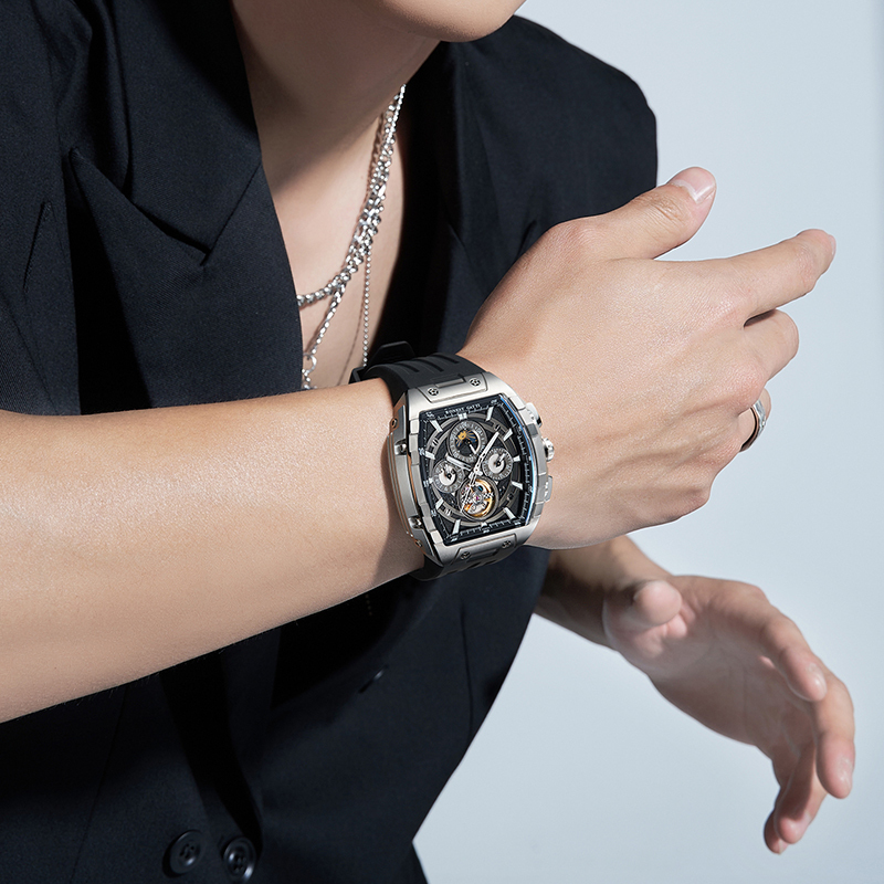 (預購)【Bonest Gatti 布加迪】BG5005 鏤空錶蓋 日月星辰 夜光指針刻度 藍寶石鏡面 真三眼 酒桶型 機械錶