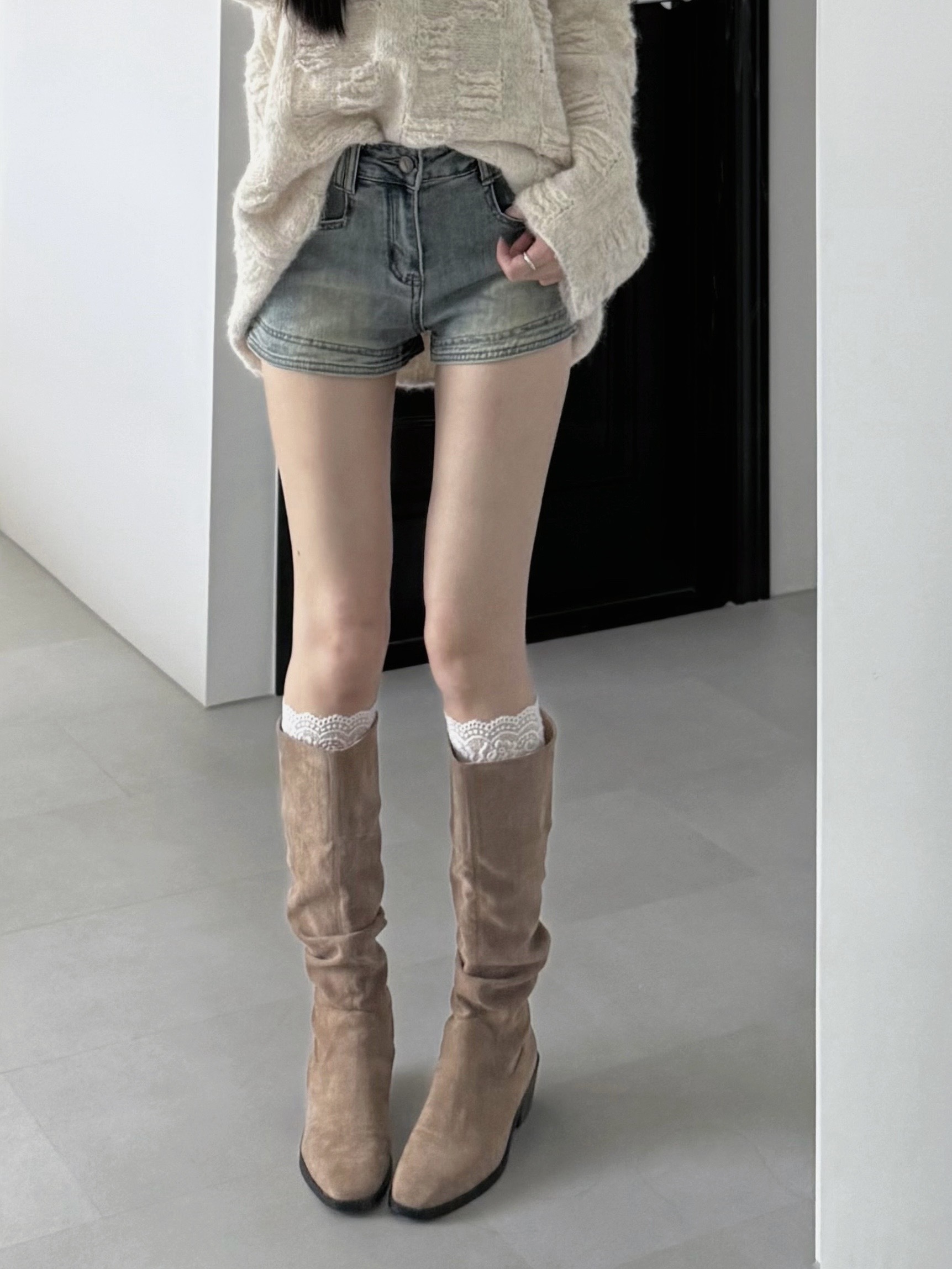 麂皮褶皺西部堆堆靴