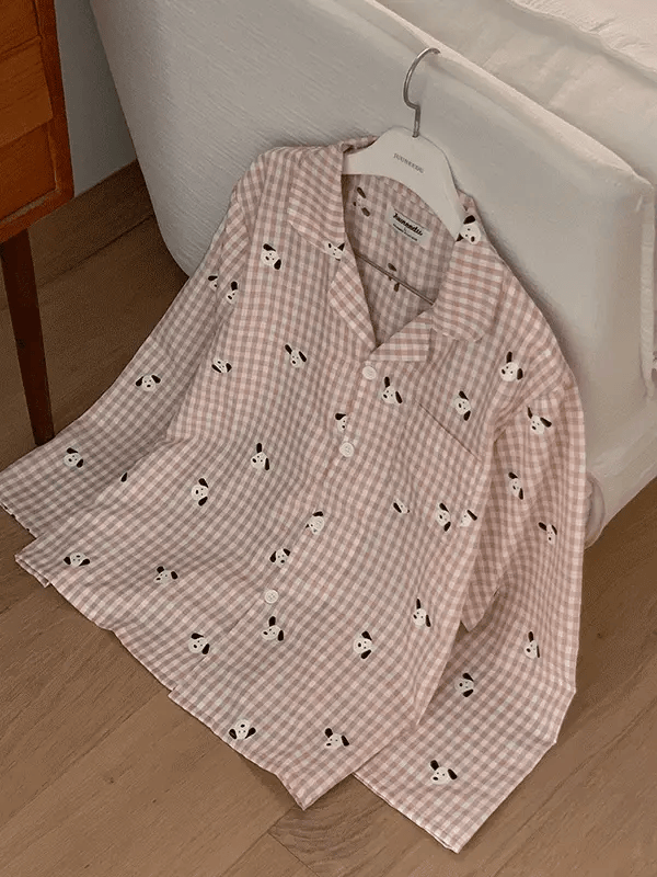 Juuneedu｜[長袖睡衣] Puppy Gingham Check Pajamas [3 colors]