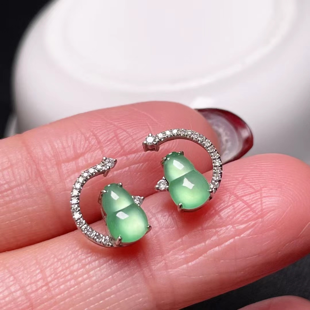 翡翠葫蘆耳釘,天然翡翠A玉, 緬甸玉, Jade, Jadeite