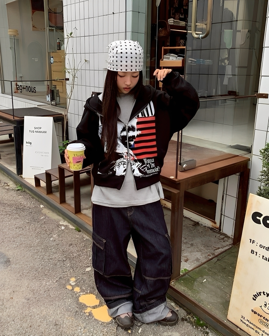 BOXY 重磅 復古 國旗 人像 雙拉鏈 連帽 外套