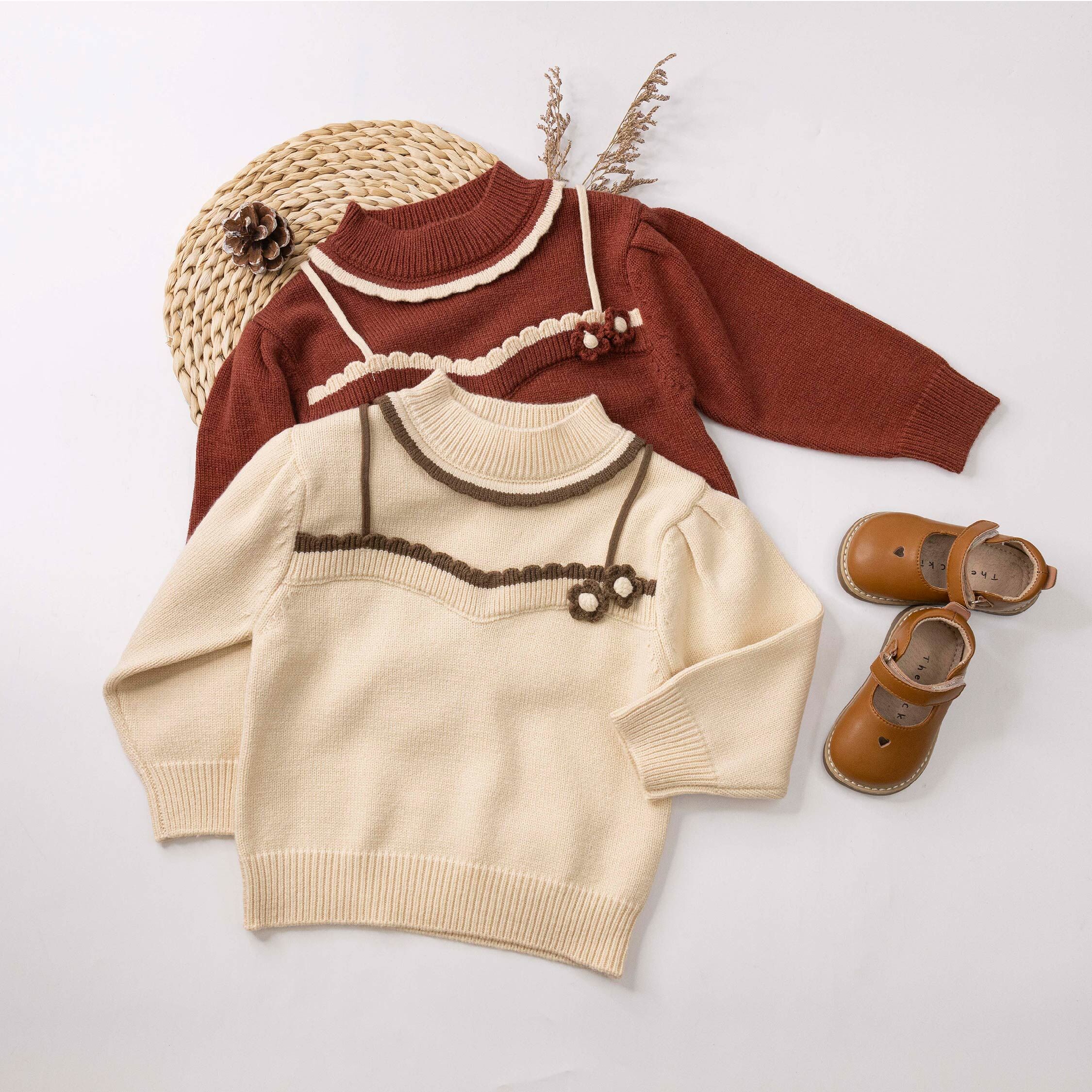 【H55740】小花朵假兩件針織上衣＊二色