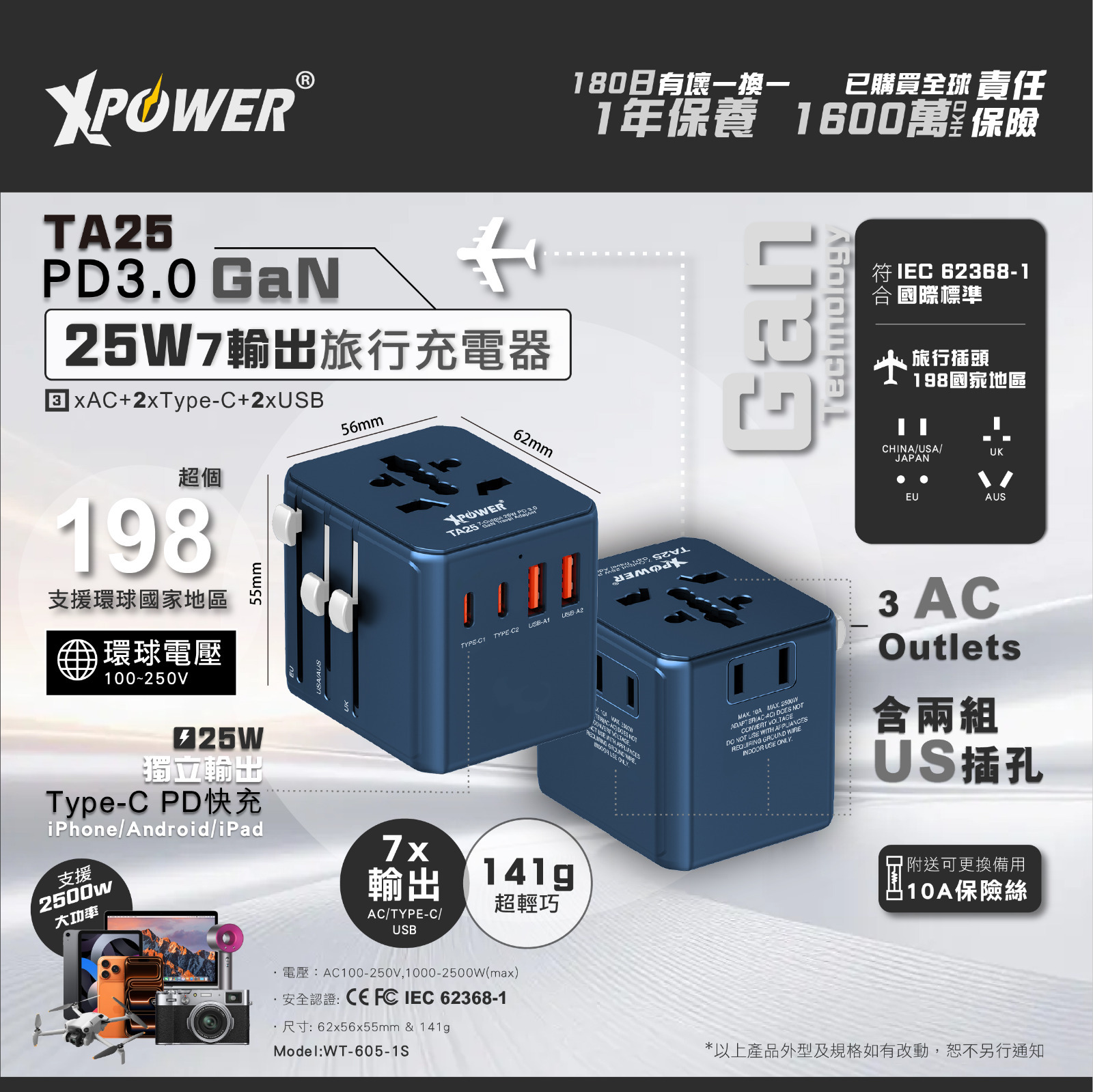 XPower TA25 7輸出 PD/PPS 25W Gan旅行充電器