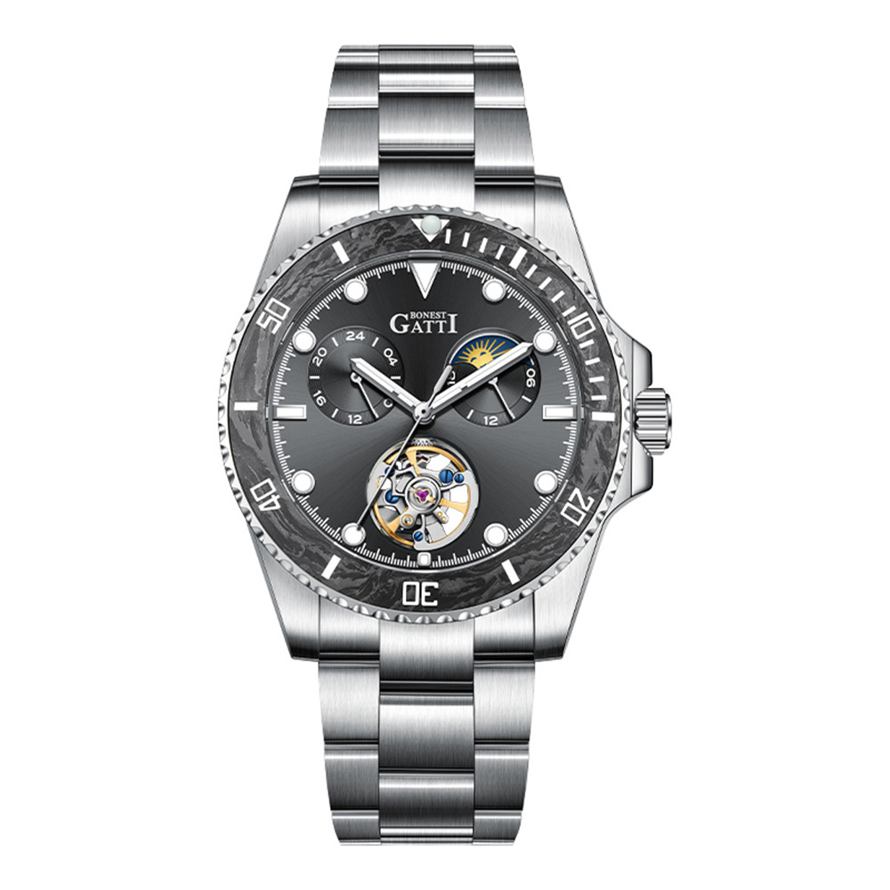 【Bonest Gatti 布加迪】超越潛航系列 BG8003 真兩眼 雙面鏤空 日月星辰 夜光 碳纖維 機械錶