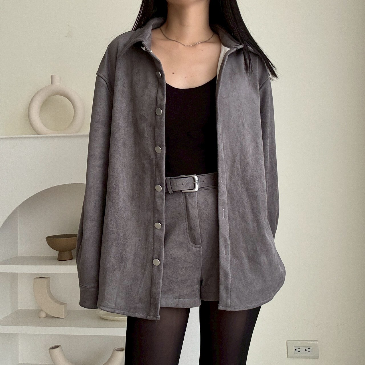 內刷毛襯衫短褲皮帶三件組（現貨）