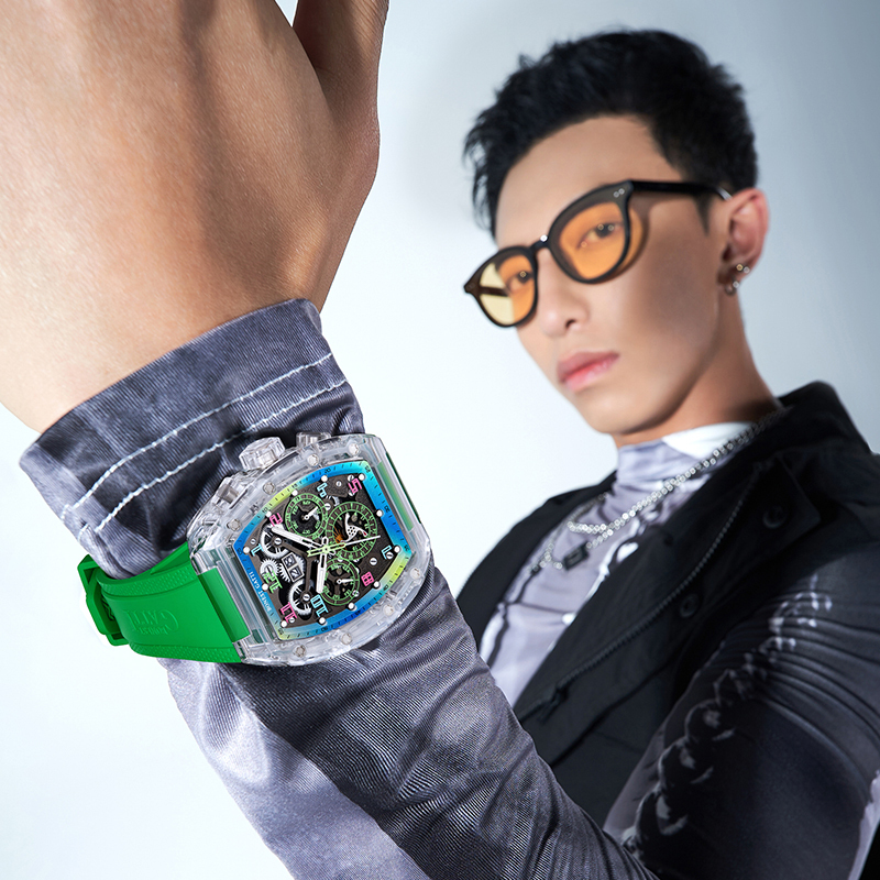 【Bonest Gatti 布加迪】BG6006 三眼 醒目多色 漸變撞色 鏤空錶盤 日期 夜光 自動機械錶