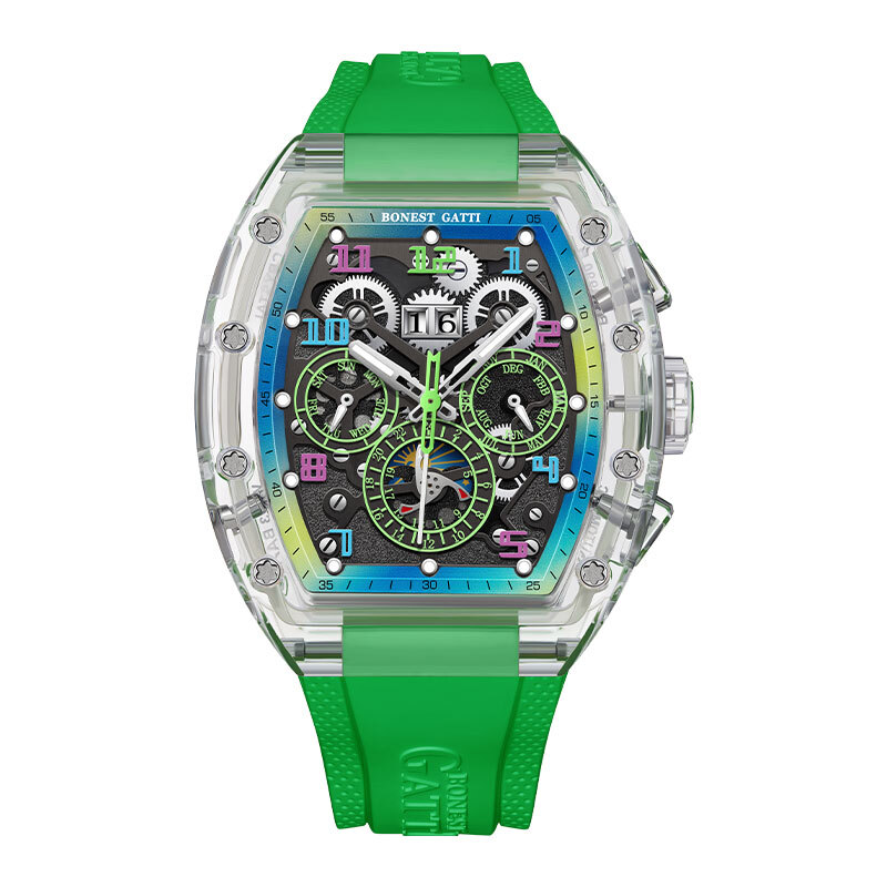 【Bonest Gatti 布加迪】BG6006 三眼 醒目多色 漸變撞色 鏤空錶盤 日期 夜光 自動機械錶