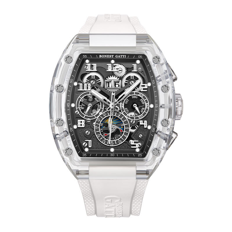 【Bonest Gatti 布加迪】三眼 醒目多色 漸變撞色 鏤空錶盤 日期 夜光 自動機械錶 BG6006