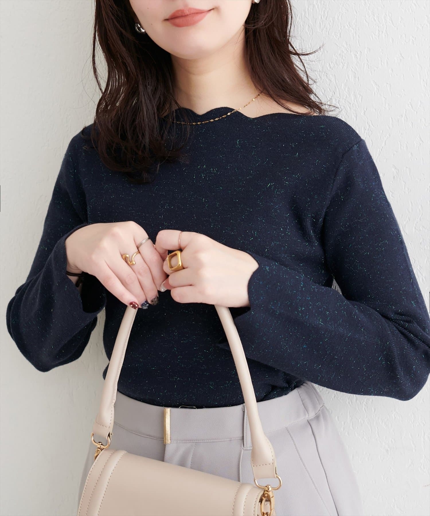 natural couture(ナチュラルクチュール)  スカラップラメニット深藍（0361050060）