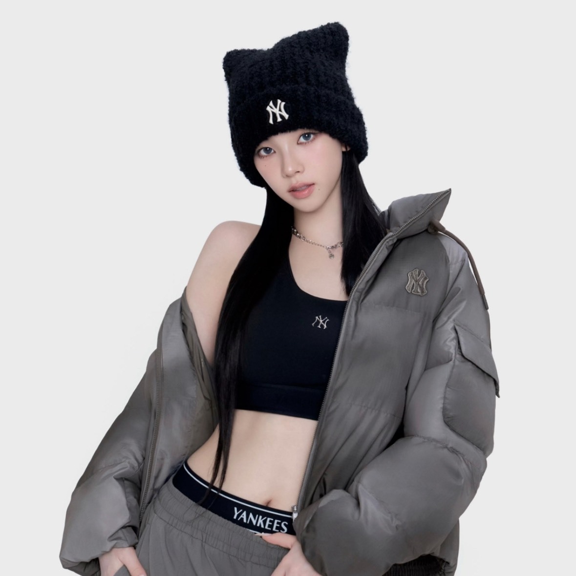 MLB Beanie 毛帽 貓耳 KARINA 劉知珉 韓國 黑色 米白