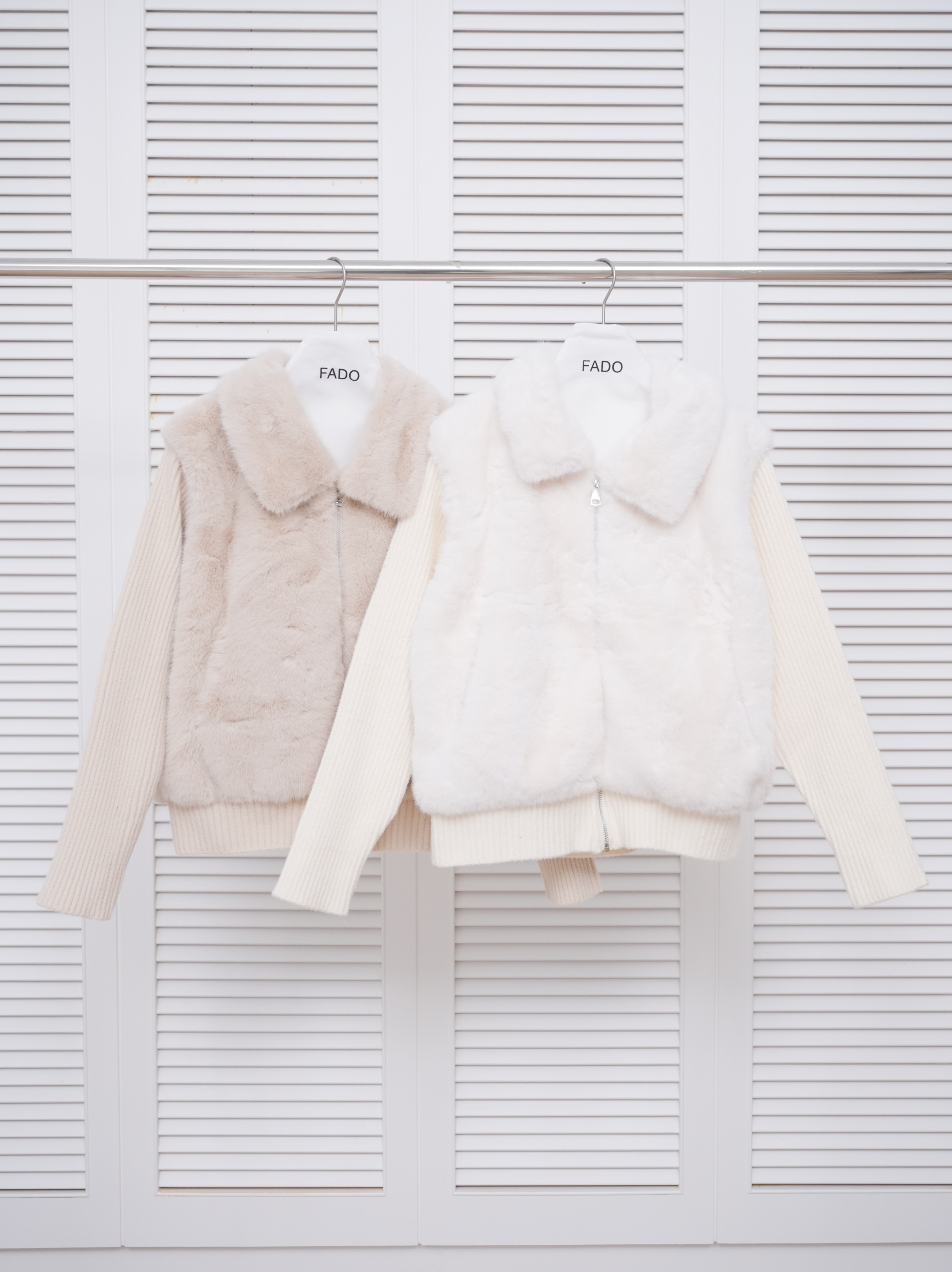 法朵Fado shop｜翻領拼接針織袖絨毛外套 8924027 白/杏