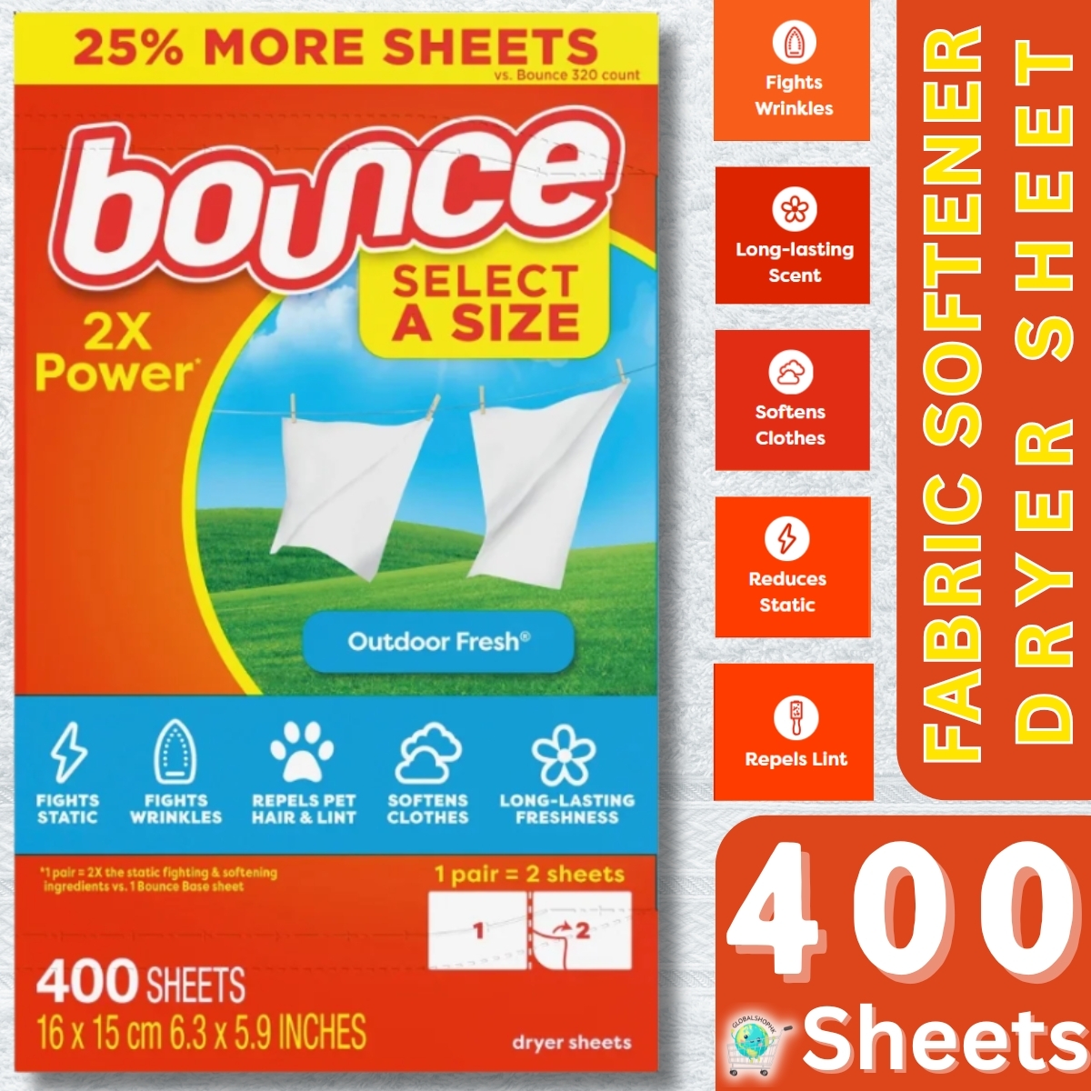 Bounce - 5合1防靜電衣物柔順紙 400張/盒 [25% 增量裝]
